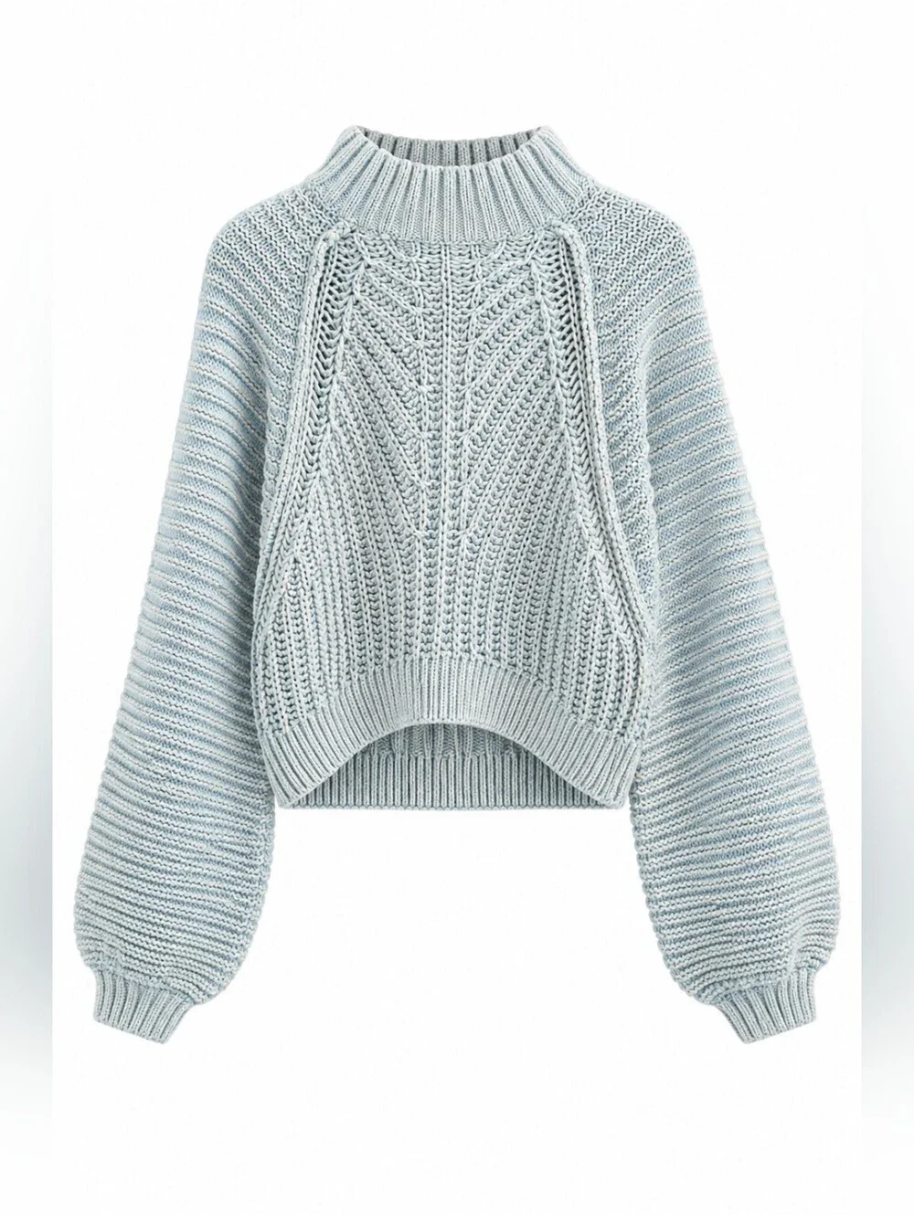 Free People Light Blue “Sweetheart” Cropped Sweater, M, Coastal, Balloon Sleeve - Picture 1 of 11